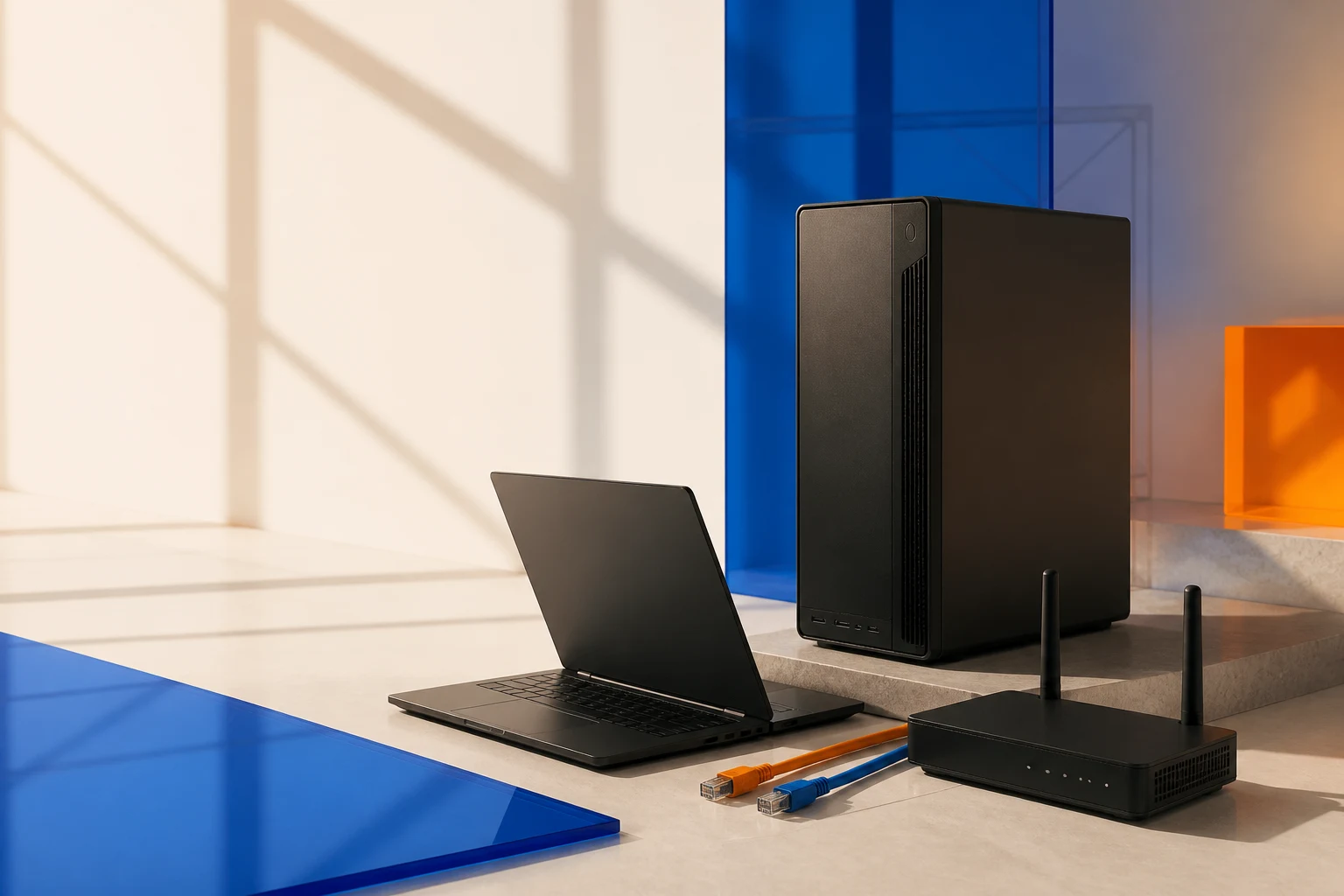 A desktop, laptop and router arranged in a modern studio